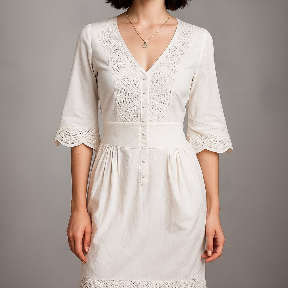 Catherine Malandrino White Dress Snap Button Front 3/4 Sleeve Size 2